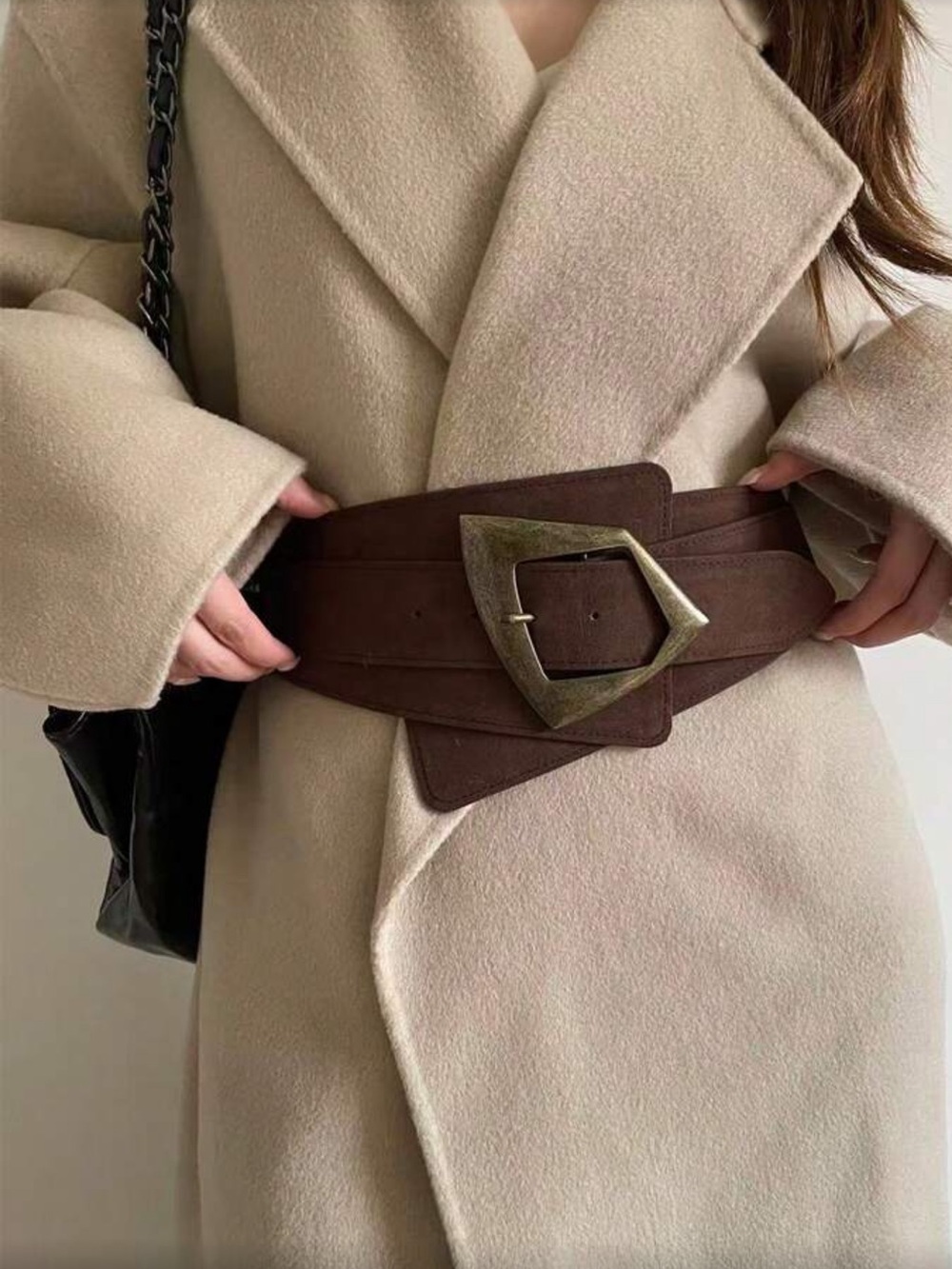 Wide Brown Waist Belt with Geometric Antique Buckle
